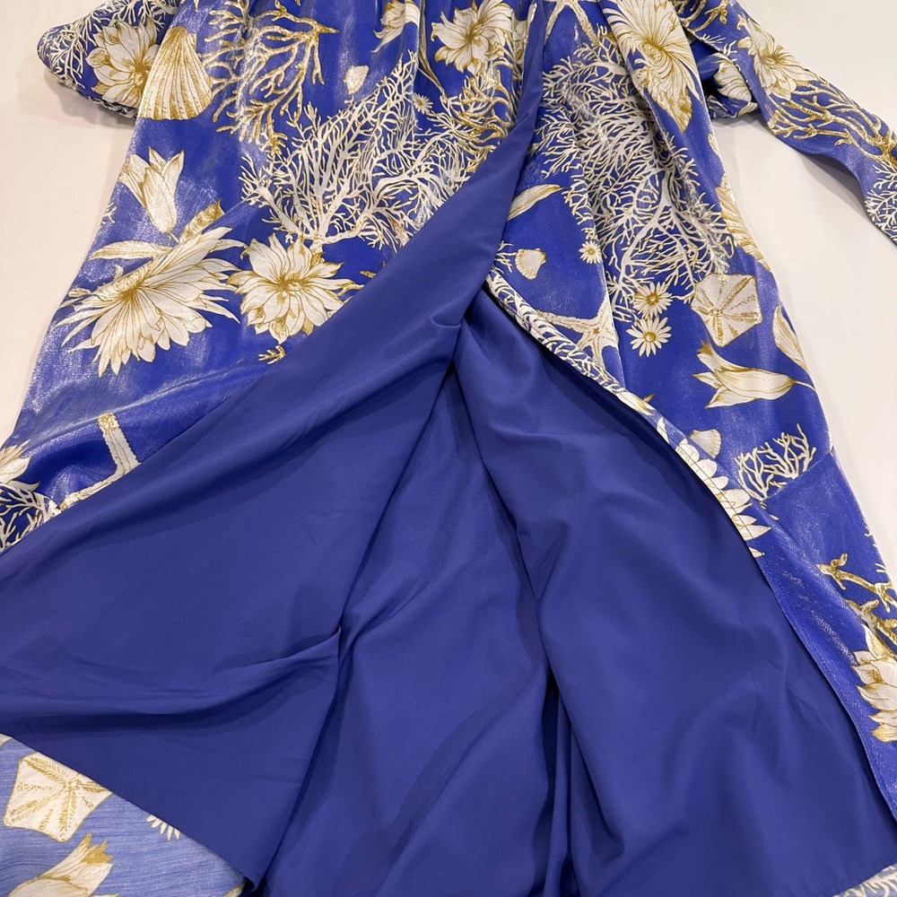 Ciebon Coastal Shell Print Wrap Maxi Dress Womens L Blue Gold Metallic Resort - Picture 5 of 12